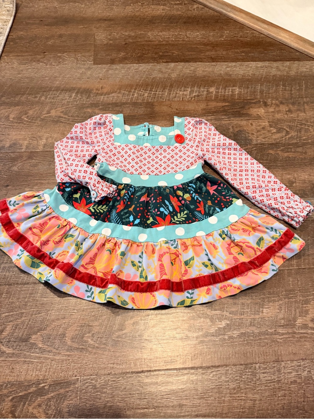 Matilda Jane Girls 2T Patchwork Floral Dress Velvet Trim Long Sleeve Boutique